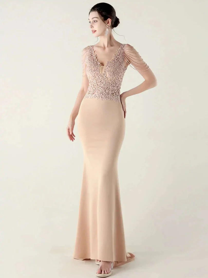 Luxury V-Neck Backless Sleeveless Rhinestone Vestidos Maxi Dress