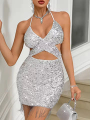 Elegant V-Neck backless Spaghetti Strap sequin bodycon mini dresses