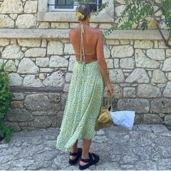Sleeveless A-line Halter Backless Boho Dress