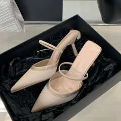 Luxury Satin Rhinestone Decorated Slide Heel