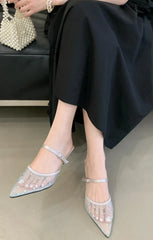 Luxury Mesh Rhinestone Sandals Pointed Toe Buckle Thin Heel
