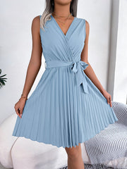 Casual V Neck Sleeveless Regular Pleated Knee Length Dress