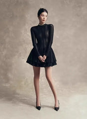 Solid Hollow Out Slimming O Neck Long Sleeve High Waist Temperament Dresses