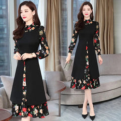 Vintage Print Chiffon Long Sleeve Casual Bodycon Elegant Party Midi Dress