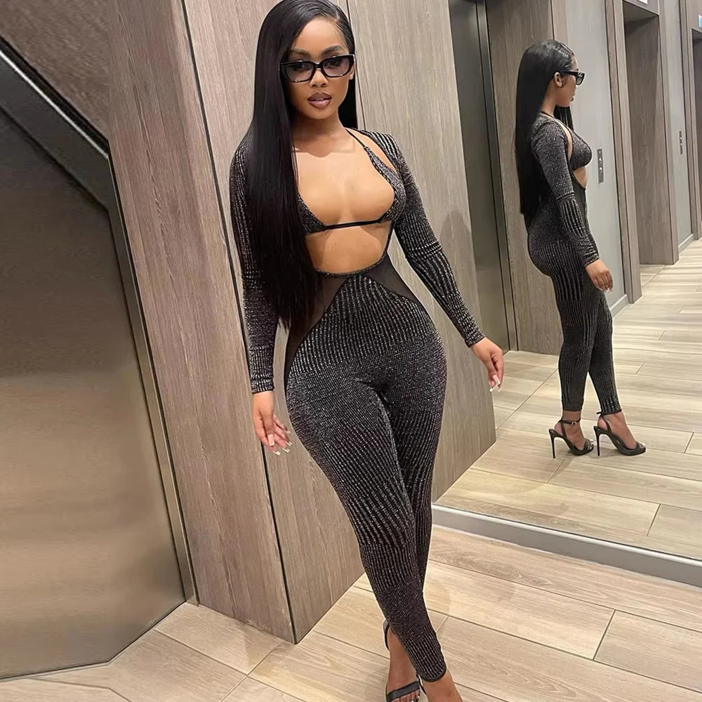 Trendy Mesh Patchwork Overalls for Cut Out Skinny Jumpsuit With Underwear Bra