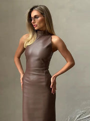 Elegant PU Leather High Collar Sleeveless Slim Fit Party Midi Dresses