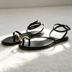 Unique Metal Detail Flat Sandals for Ankle Straps Buckle Designer Shoes