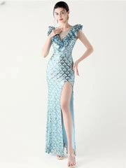 Elegant Solid Backless V-Neck Sequin zipper Party sleeveless Long Maxi Dresses