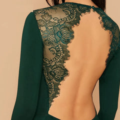 Solid Contrast Lace Backless Bodycon Dress