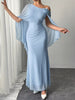 Elegant Diagonal collar One-Shoulder Corsage Mesh Cape Ultra Long Maxi Dress
