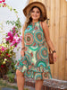 Bohemian Ethnic Print Bow Tie Halter Beach Style Layered Ruffle Plus Size Mini Dress