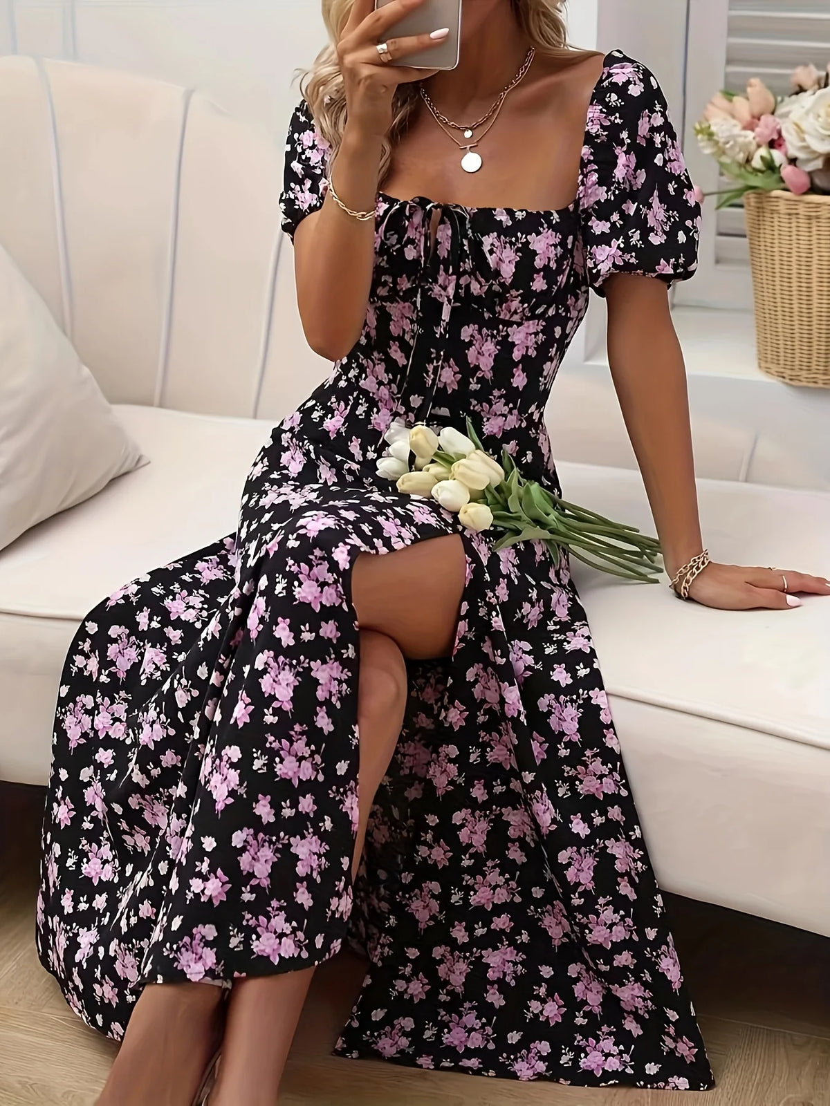 Women's Slit Floral Printed Summer Dress