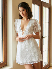 Calico V-neck Tie-up At Cuffs Double layer Lace Dresses