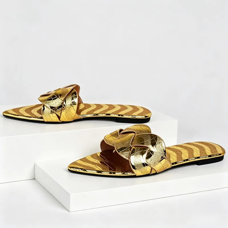 Pointed Toe Gold Silver Flat Sandals Faux Metal Embossed Design Slippers Light Non-Slip Slide Sandals Beach Shoes