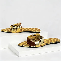 Pointed Toe Gold Silver Flat Sandals Faux Metal Embossed Design Slippers Light Non-Slip Slide Sandals Beach Shoes