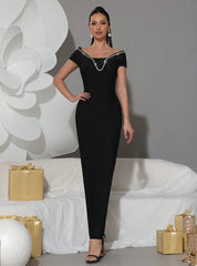 Elegant Diamond Off  Shoulder Bandage Short Sleeved Crystal Prom Gown Dresses