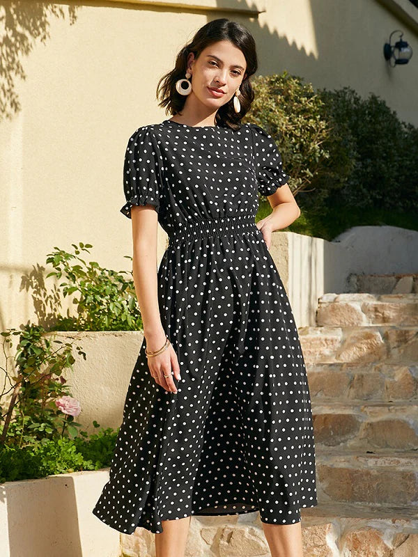 Dot Print Pocket Elastic Waist Retro Short Sleeve Dress