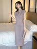 Formal Lapel Sleeveless Office Style Pencil Blazer Midi Dress