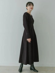 Maxi Dress V-Neck Long Sleeves Cotton Casual Pleated Dress