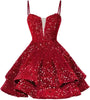 Casual Sequin V-neck Homecoming With Teens Ruffles Backless Lace-up Cocktail Party Sparkly Evening Mini Gown