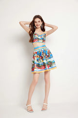 Flower Chest Pads Crop Tops Mini Short Skirt Suits Holiday Beach Matching Sets