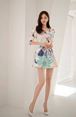 Elegant Full-sleeve Square Neck Retro Print Slim Office Party Mini Dress