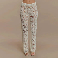 Chic Knitted Hollow Out Solid Strapless Sleeveless Tops Straight Trousers Sets