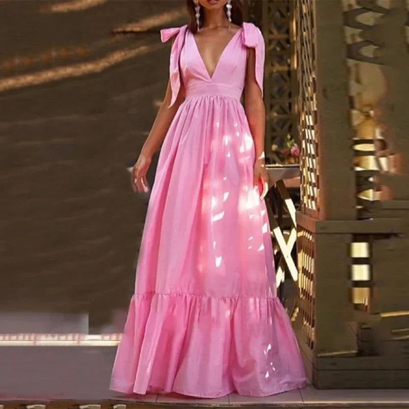 Elegant V-Neck Backless Hollow Out Long Party Maxi Dress