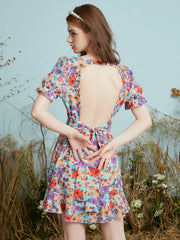 Floral Print Knotted Puff Sleeve Square Collar Dress