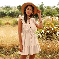 Solid V-neck Ruffled Lace Vintage Single-Breasted Mini Dress