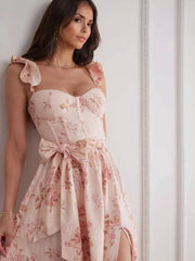 Elegant Sleeveless Floral With Sweetheart Neck And High Slit Midi Dress