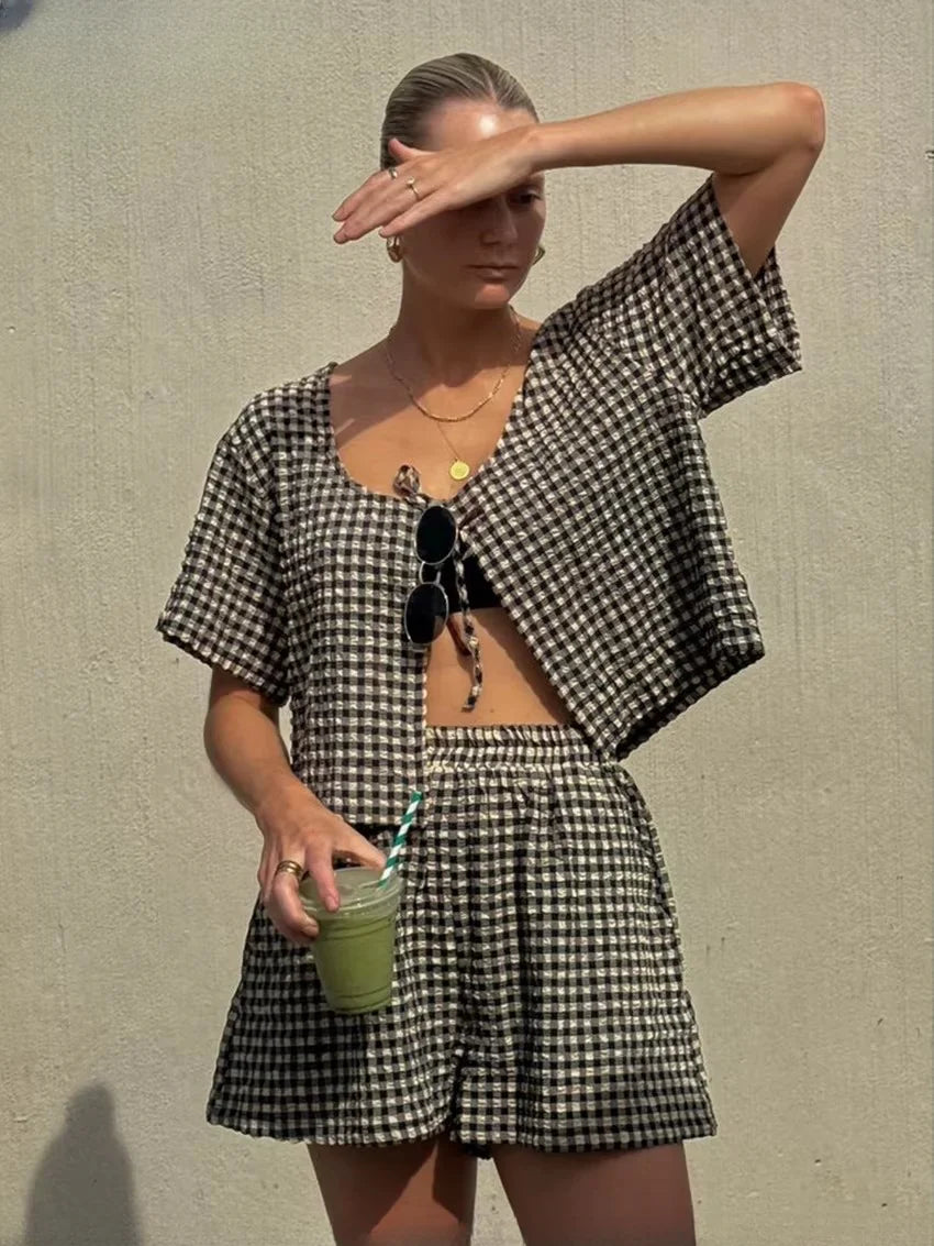 Casual V-Neck Short Sleeve Shirt With High Waist Shorts Set Two Piece Set