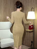 Casual V-Neck Solid Diamonds Vintage Long Sleeve Slim Midi Pencil Dress