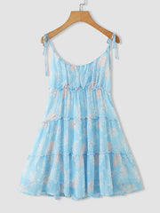 Leaves Print Knotted Strap Shirred Chiffon Mini Dress