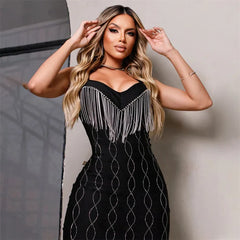Spaghetti Strap V Neck Rhinestone Tassel Party Birthday Night Club Bodycon Dress