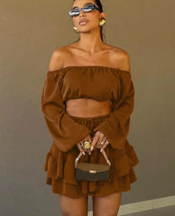 Loose Long Sleeve Crop Top With High Waist Pleated Mini Skirt Set
