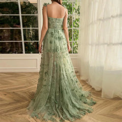 Elegant Spaghetti Straps Sleeveless High Slit Lace Up Back Printing Maxi Dress