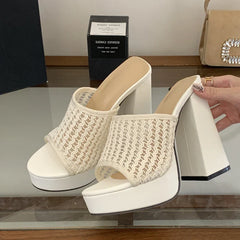 Street Style Open Toe Chunky Platform Slippers Hollow Out Square High Heel
