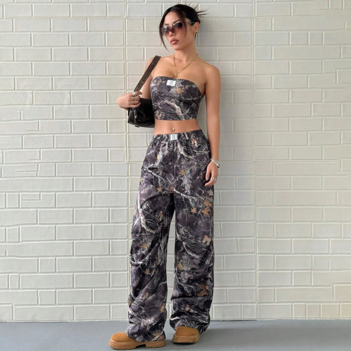 Casual Elastic Waist Printed Crop Top Slimming Workwear Pants Set