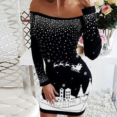 Graphic Printed Off-the-shoulder Long Sleeve Bodycon Dress