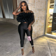 Trend Feather Strapless Tops High-Waisted Hollow Leggings Matching Clubwear Suits 2 Piece Set