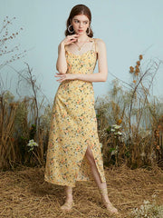 Floral Print Knotted Strap Backless Slit Hem Midi Dress