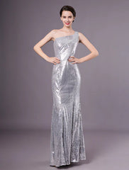 Silver Mermaid Sequined One-Shoulder Evening Dress
