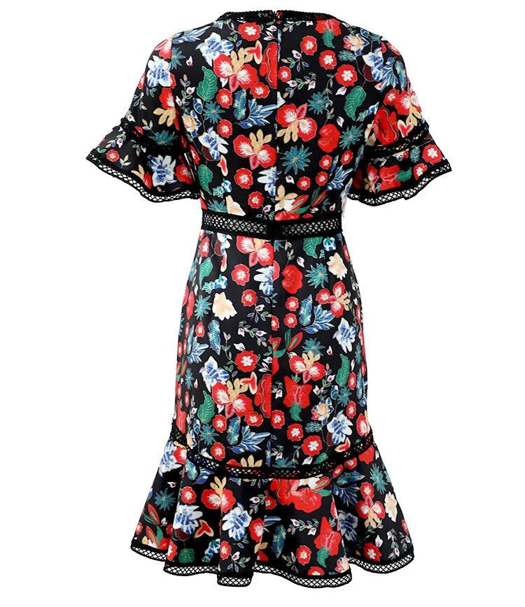 Vintage Runway Short Sleeve Flower Print Hollow Out Mini Dress