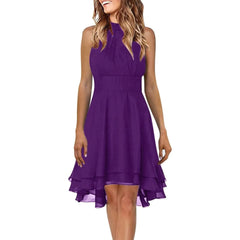 Elegant Cropped Layered Solid Halter Casual Sleeveless Chiffon Party Dress