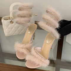 Design Corduroy Crystal Ankle Wrap Strap Sandals Thin High Heel