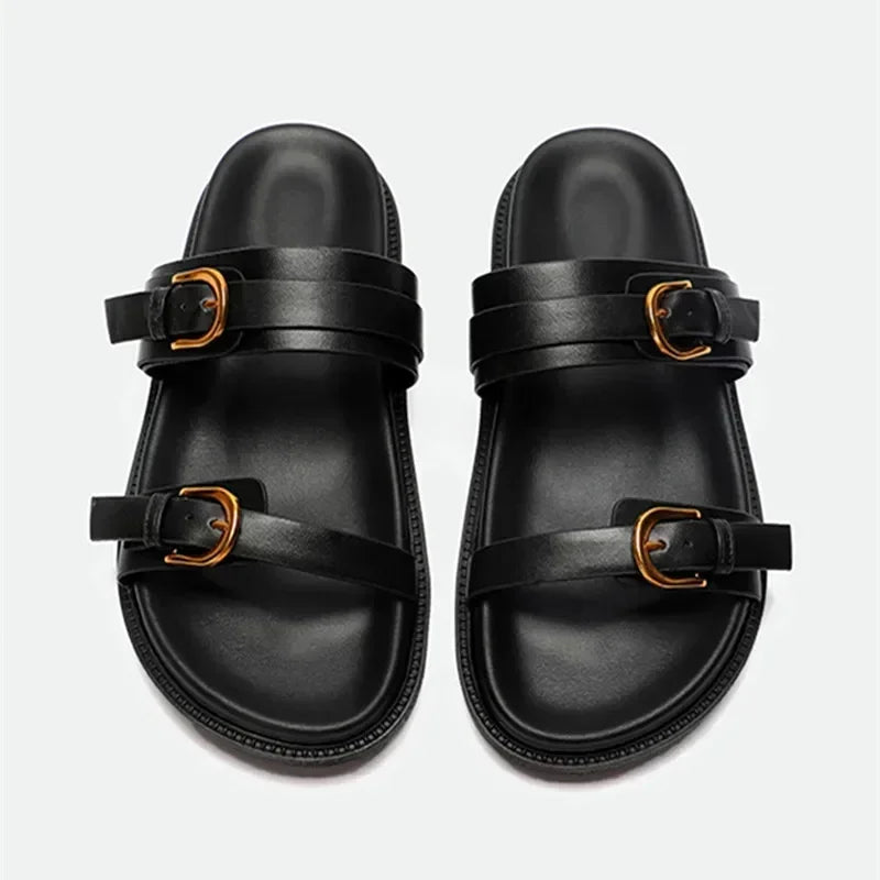 Luxury Brand Designer Platform Slippers for High Quality Soft Leather Metal Buckle Slide Sandals Beach Flat Shoes