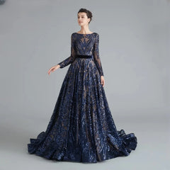 Long Sleeve Evening Sparkly Sequin Formal A Line Backless Prom Dress