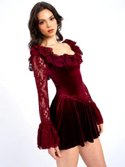 Elegant Lace Square Collar Flare Long Sleeve Mini Dress