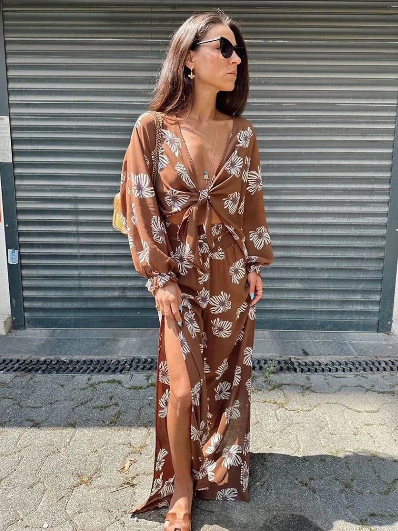 Luxury Loose Print Long Sleeve Shirt With High Waist Maxi 2 Pieces Set